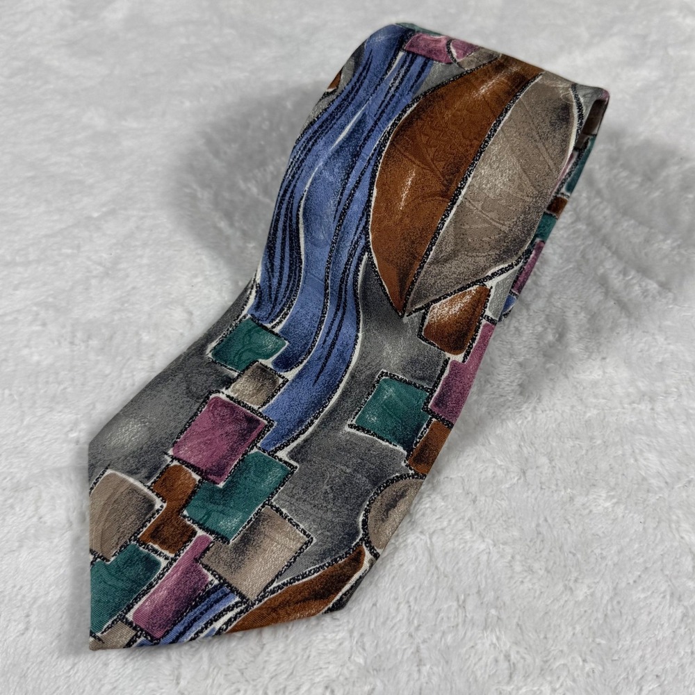 Bachrach Mens Silk Tie Abstract Geometric Multi Color Made in Italy Vintage 90s